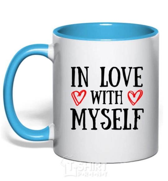 Mug with a colored handle In love with myself sky-blue фото