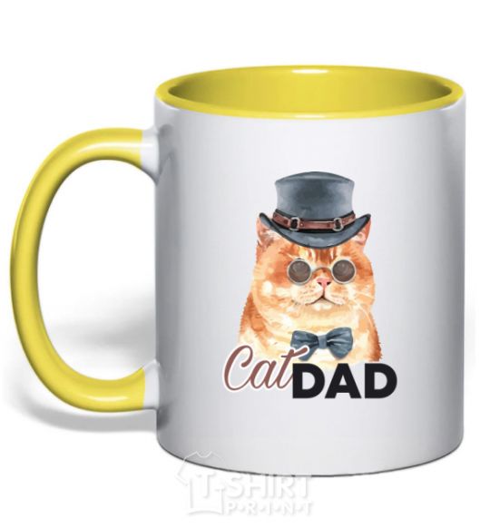 Mug with a colored handle Cat CatDAD yellow фото