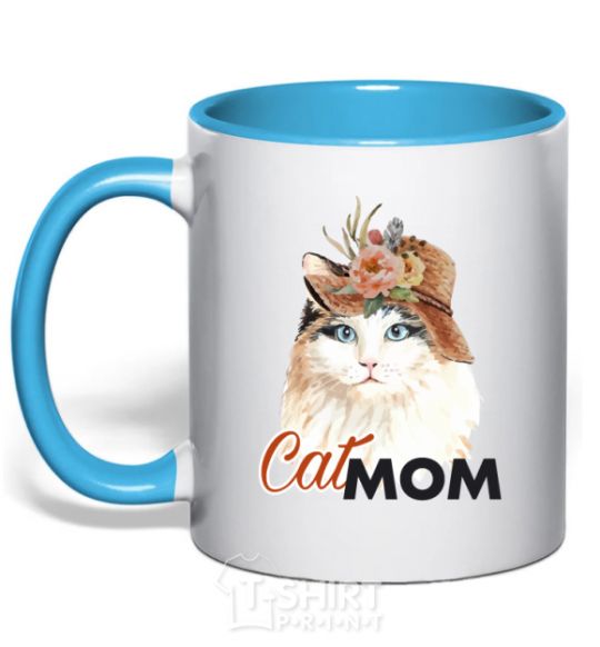 Mug with a colored handle CatMOM sky-blue фото