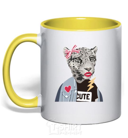 Mug with a colored handle Leopard mom yellow фото