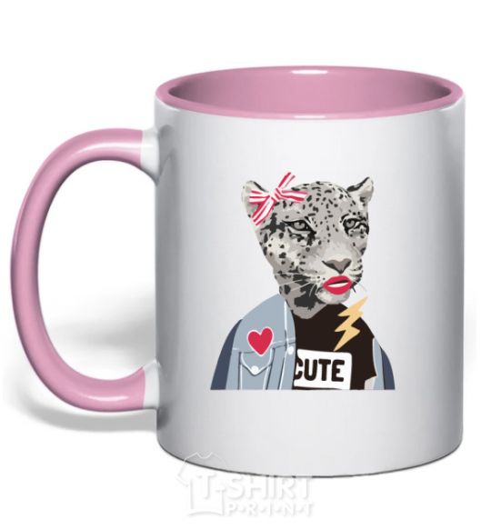 Mug with a colored handle Leopard mom light-pink фото