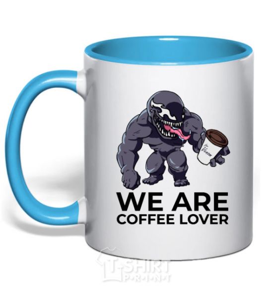 Mug with a colored handle Веном we are coffee lover sky-blue фото