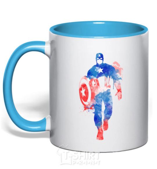 Mug with a colored handle Captain America paint blots sky-blue фото