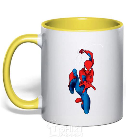 Mug with a colored handle Spider-Man with a web yellow фото