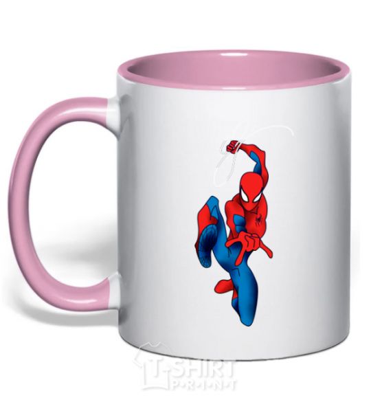 Mug with a colored handle Spider-Man with a web light-pink фото