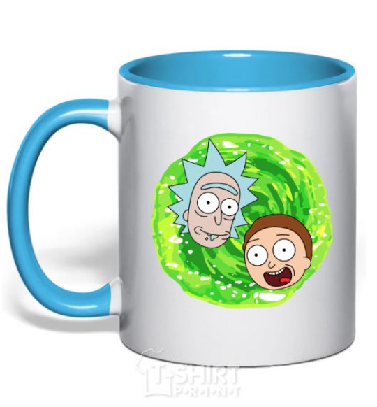 Mug with a colored handle Rick and Morty RIck and Morty portal sky-blue фото