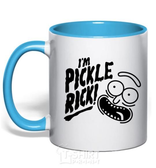 Mug with a colored handle Pickle Rick sky-blue фото