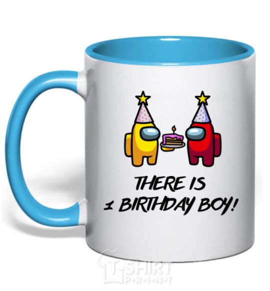 Mug with a colored handle Among us birthday boy birthday boy sky-blue фото