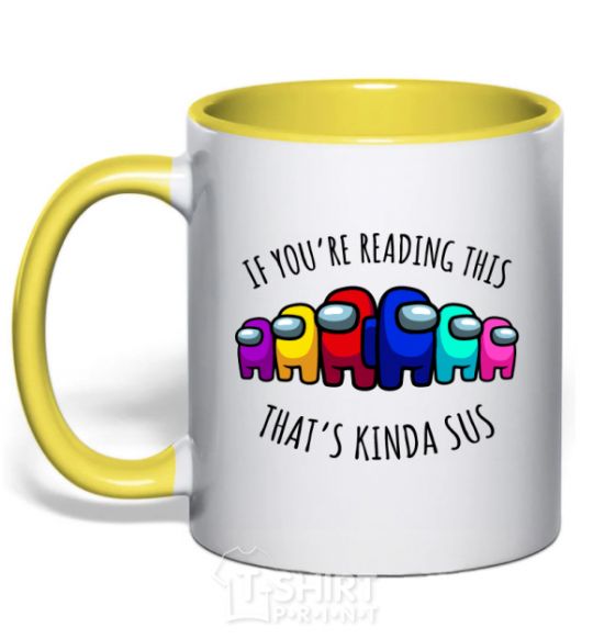 Mug with a colored handle Among us kinda sus yellow фото