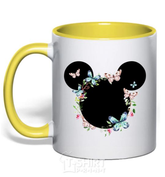 Mug with a colored handle Mickey ears in flowers yellow фото