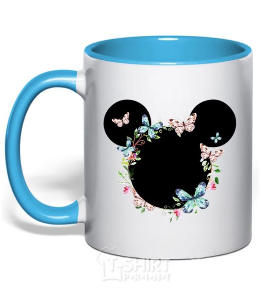 Mug with a colored handle Mickey ears in flowers sky-blue фото