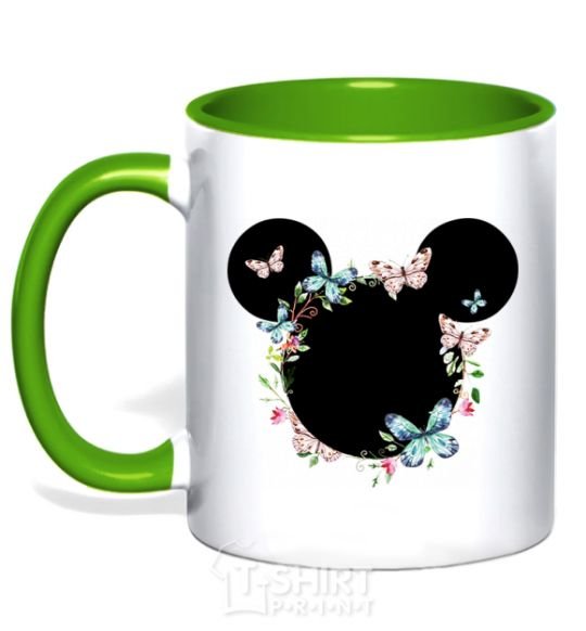 Mug with a colored handle Mickey ears in flowers kelly-green фото