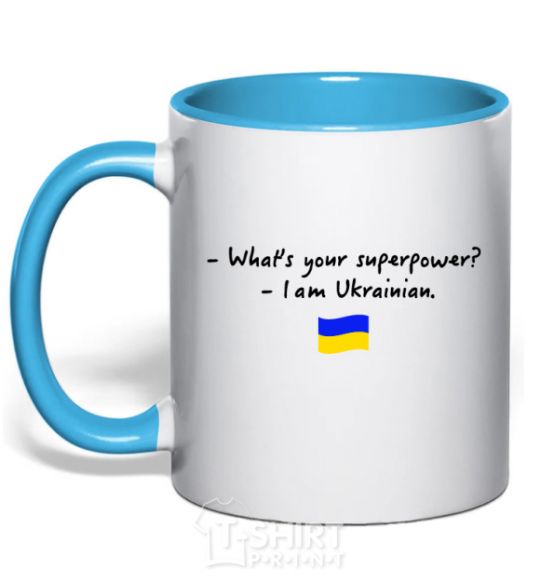 Mug with a colored handle Superpower Ukrainian sky-blue фото