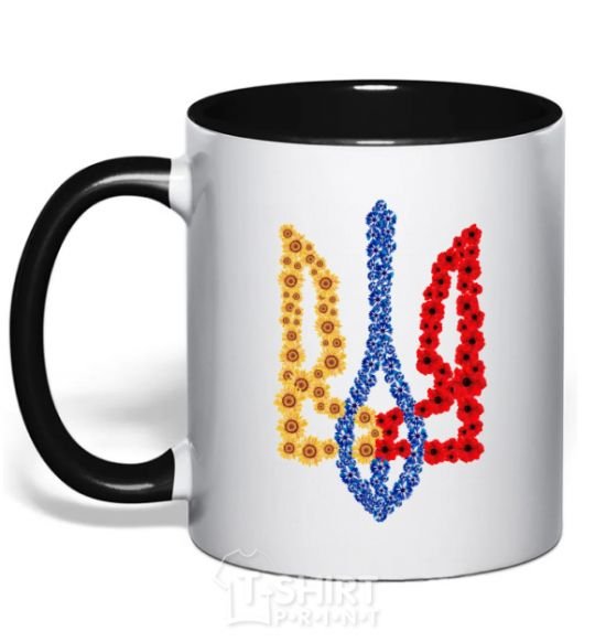 Mug with a colored handle Coat of arms in flowers black фото