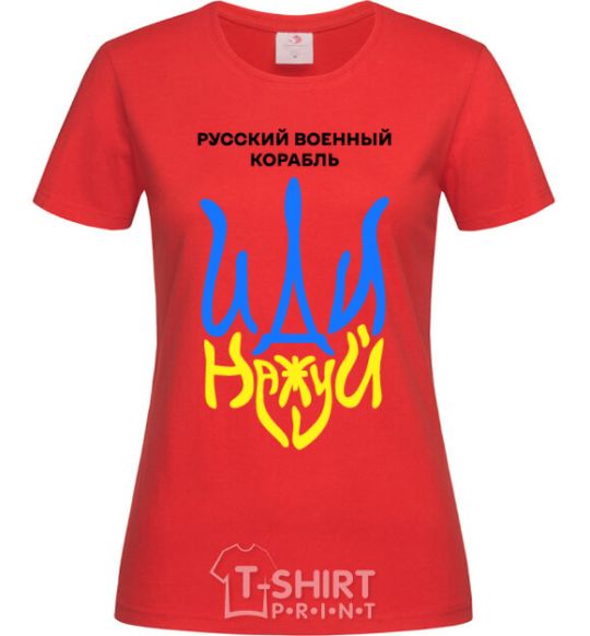 Women's T-shirt Russian ship, fuck the emblem. red фото