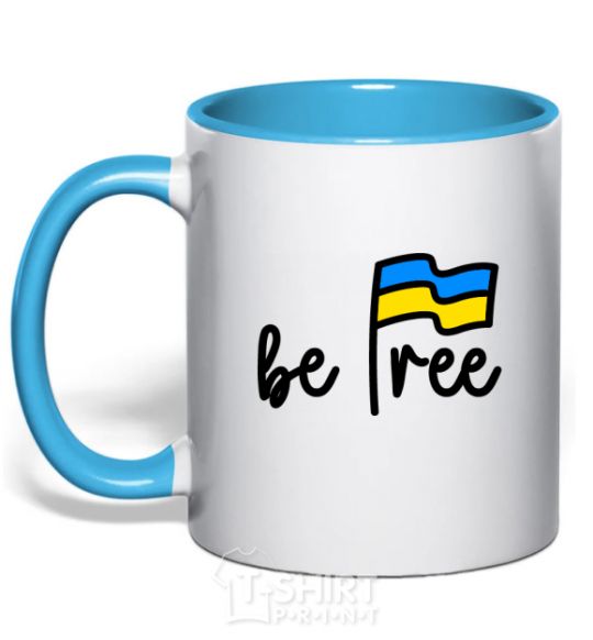 Mug with a colored handle Be free sky-blue фото