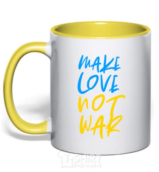 Mug with a colored handle Make love not war text yellow фото