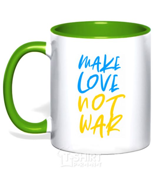 Mug with a colored handle Make love not war text kelly-green фото