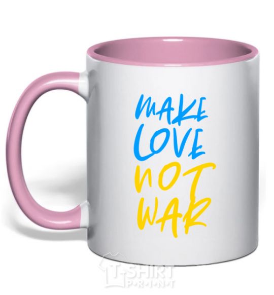 Mug with a colored handle Make love not war text light-pink фото