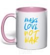 Mug with a colored handle Make love not war text light-pink фото