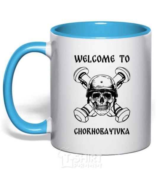 Mug with a colored handle Welcome to Chornobayivka sky-blue фото