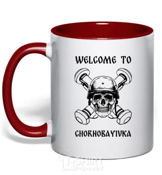 Mug with a colored handle Welcome to Chornobayivka red фото