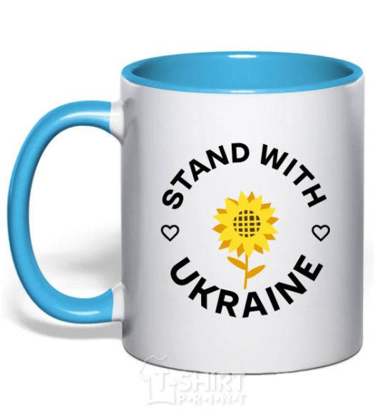 Mug with a colored handle Stand with Ukraine sunflower sky-blue фото