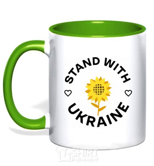 Mug with a colored handle Stand with Ukraine sunflower kelly-green фото