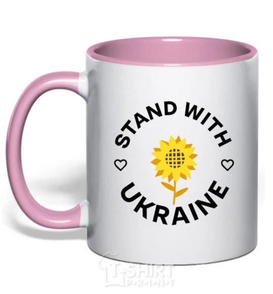 Mug with a colored handle Stand with Ukraine sunflower light-pink фото