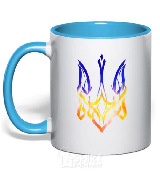 Mug with a colored handle The coat of arms is on fire sky-blue фото