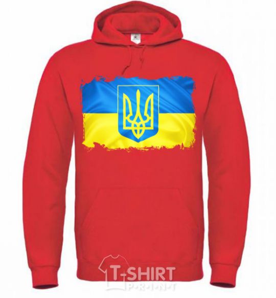 Men`s hoodie The flag of Ukraine with scratches bright-red фото
