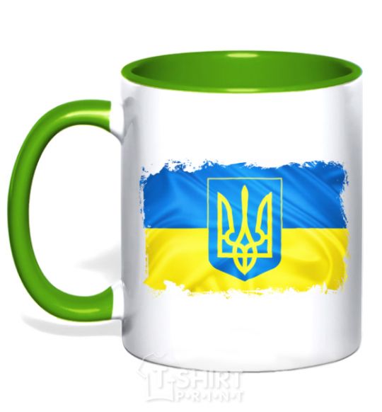 Mug with a colored handle The flag of Ukraine with scratches kelly-green фото