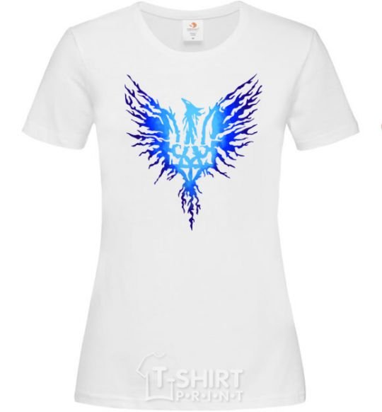 Women's T-shirt The coat of arms is a blue bird White фото