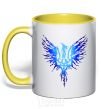 Mug with a colored handle The coat of arms is a blue bird yellow фото