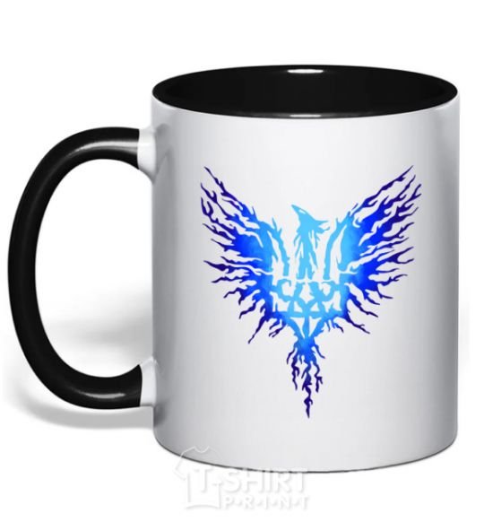 Mug with a colored handle The coat of arms is a blue bird black фото