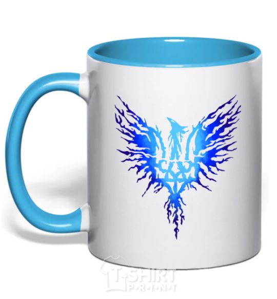 Mug with a colored handle The coat of arms is a blue bird sky-blue фото