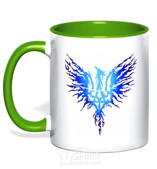 Mug with a colored handle The coat of arms is a blue bird kelly-green фото