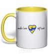 Mug with a colored handle Make love not war heart of hugs yellow фото