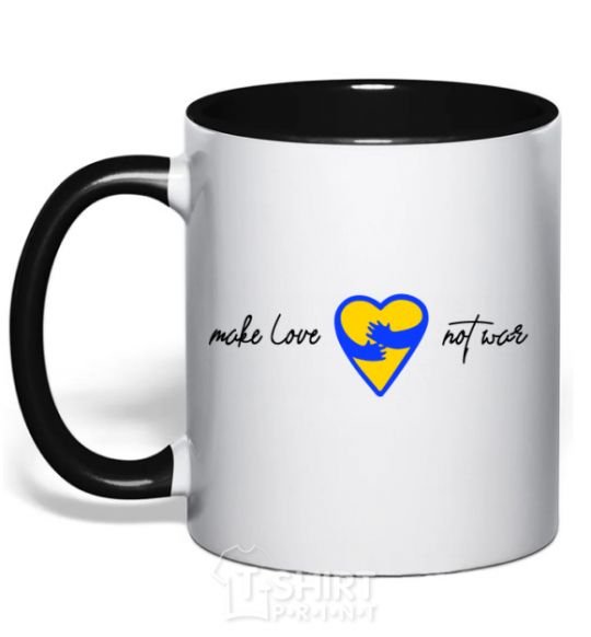 Mug with a colored handle Make love not war heart of hugs black фото