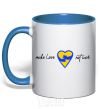 Mug with a colored handle Make love not war heart of hugs royal-blue фото