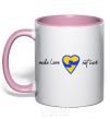 Mug with a colored handle Make love not war heart of hugs light-pink фото