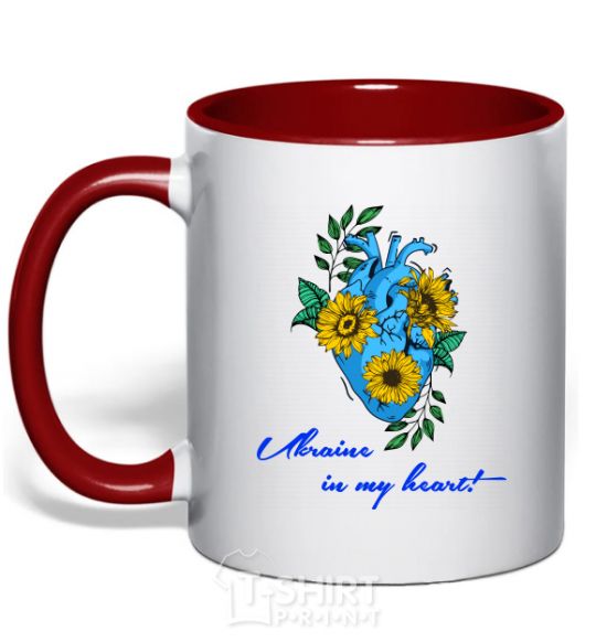 Mug with a colored handle Ukraine in my heart red фото