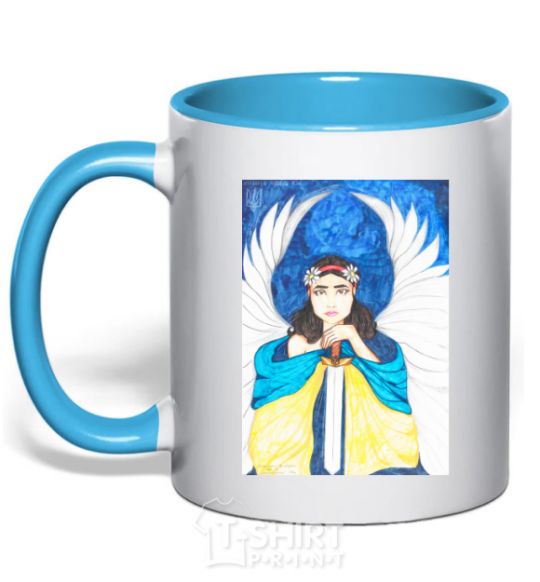 Mug with a colored handle The girl is an angel of Ukraine sky-blue фото