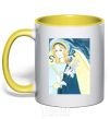 Mug with a colored handle May God protect you yellow фото