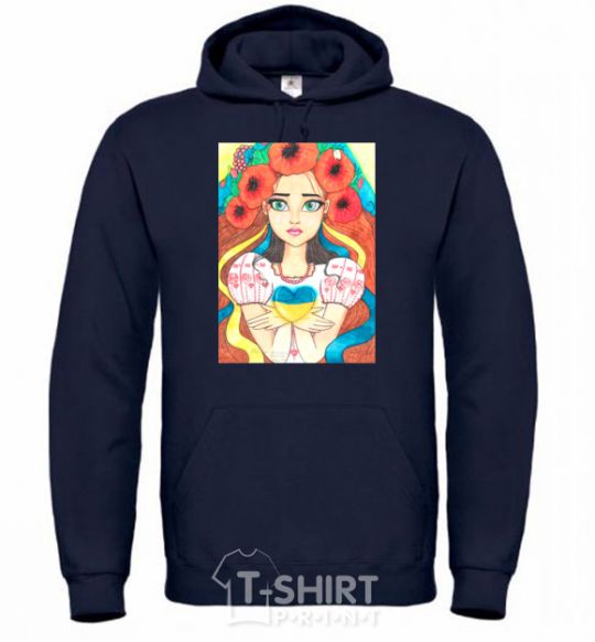 Men`s hoodie Ukrainian woman with poppies navy-blue фото