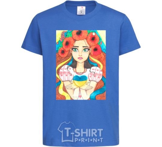 Kids T-shirt Ukrainian woman with poppies royal-blue фото