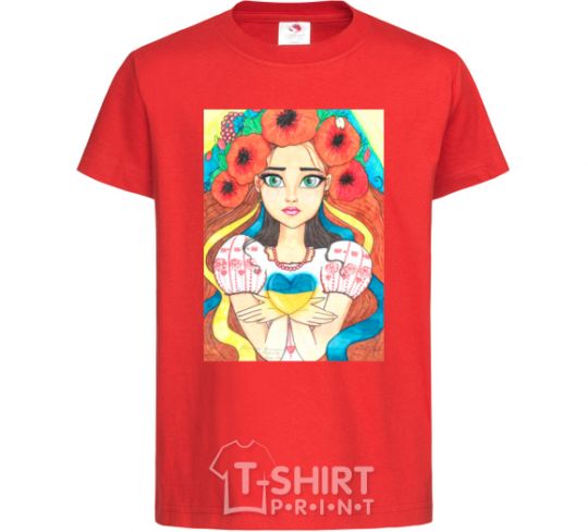 Kids T-shirt Ukrainian woman with poppies red фото