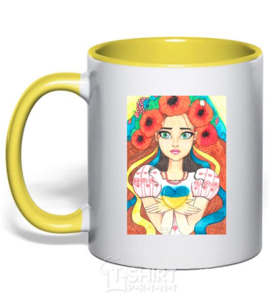 Mug with a colored handle Ukrainian woman with poppies yellow фото