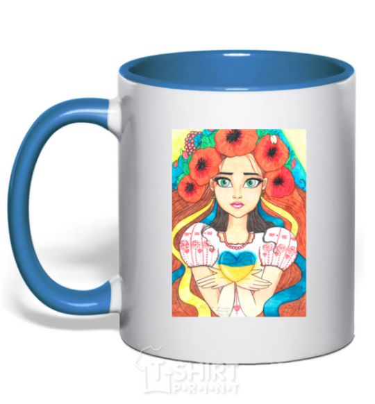 Mug with a colored handle Ukrainian woman with poppies royal-blue фото