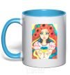 Mug with a colored handle Ukrainian woman with poppies sky-blue фото